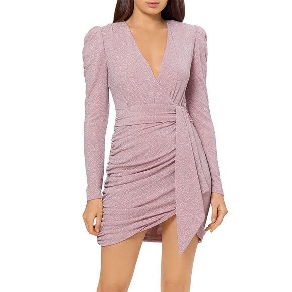 Aqua Metallic Faux Wrap Dress Pink 2 - Picture 1 of 6